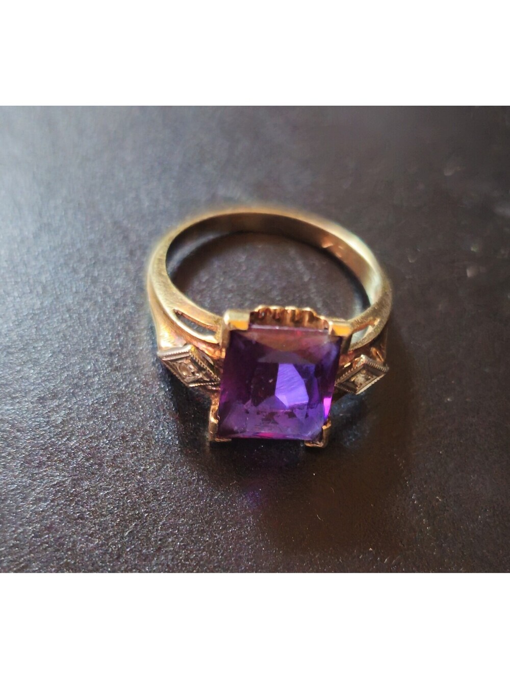 Vintage SP CO 10K Gold 2.5 ct Purple Amethyst & Diamond Art Deco Ring Sz 6 - Picture 6 of 13